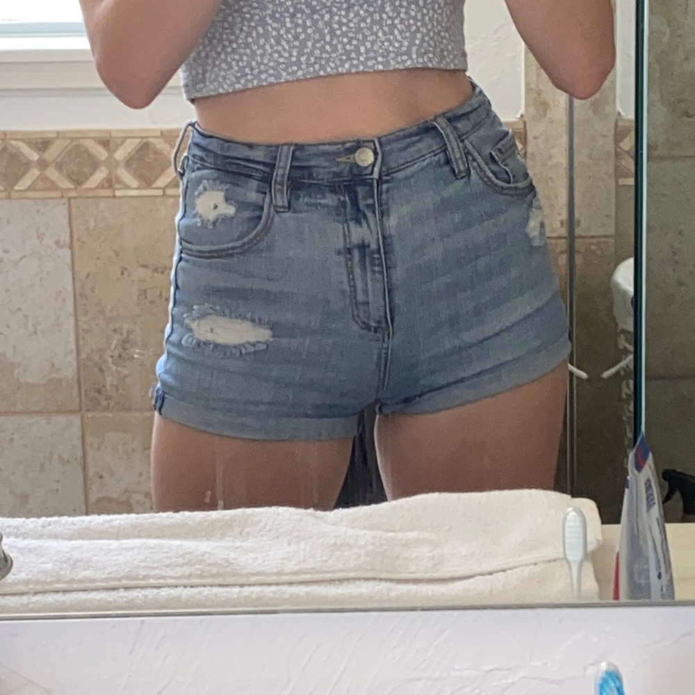 super high rise light wash denim distressed shorts